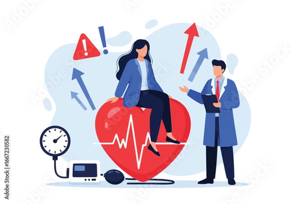 Fototapeta Vector art of a doctor consults with a patient sitting on a giant heart with a heartbeat line, surrounded by medical equipment and warning signs, symbolizing heart health and medical care
