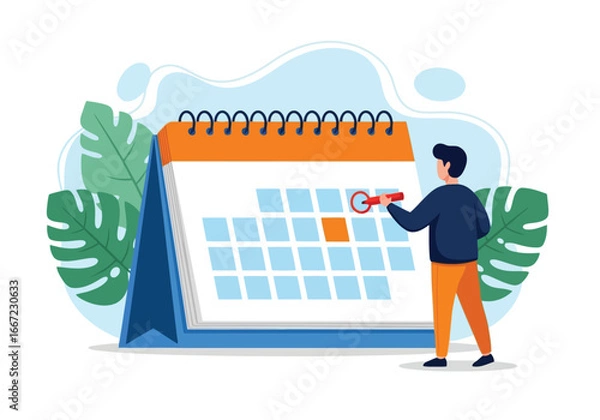 Fototapeta Vector art of man marking a date on a desk calendar with a pen, surrounded by tropical leaves, symbolizing planning and scheduling for business or personal events
