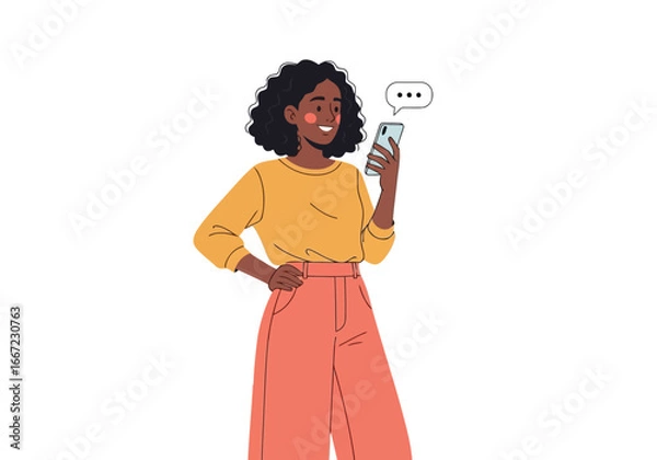 Fototapeta Vector art of young woman smiling and holding a smartphone with a chat bubble, representing communication, social media, and messaging