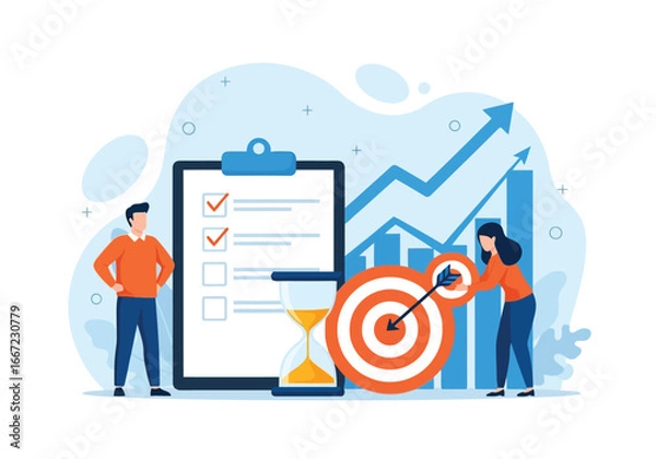Fototapeta Vector art of business people working on a project with a checklist, hourglass, and target, symbolizing planning, strategy, and goal achievement