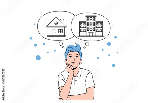 Fototapeta Vector art of man thinking about choosing between a house and an apartment, symbolizing decision making, real estate, and lifestyle choices