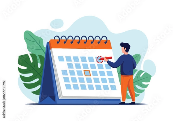 Fototapeta Vector art of man marking a date on a desk calendar with a red marker, symbolizing planning, scheduling, and time management with a modern flat illustration style