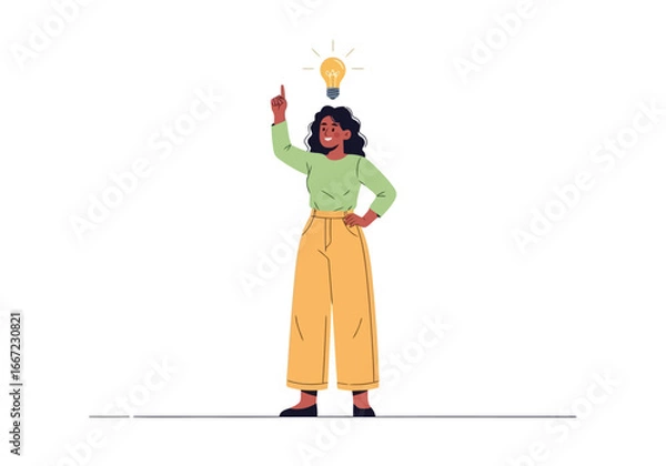 Fototapeta Vector art of woman with a bright idea, light bulb glowing above her head, representing innovation, creativity, inspiration, and problemsolving in a simple flat illustration