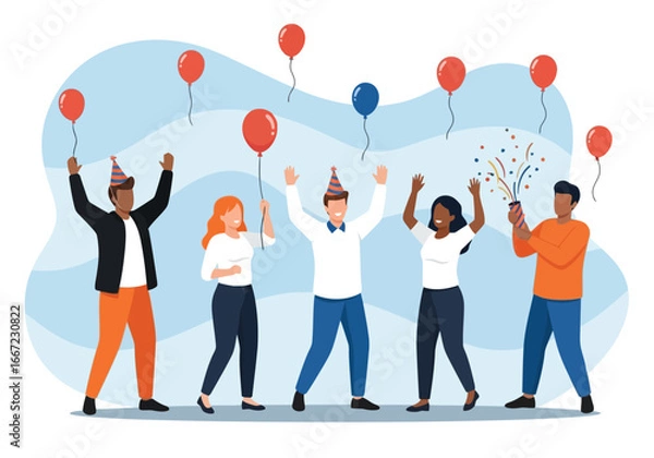 Fototapeta Vector art of group of diverse people celebrating with party hats and balloons, throwing confetti, signifying a party, celebration, joy, and festive occasion in a flat illustration