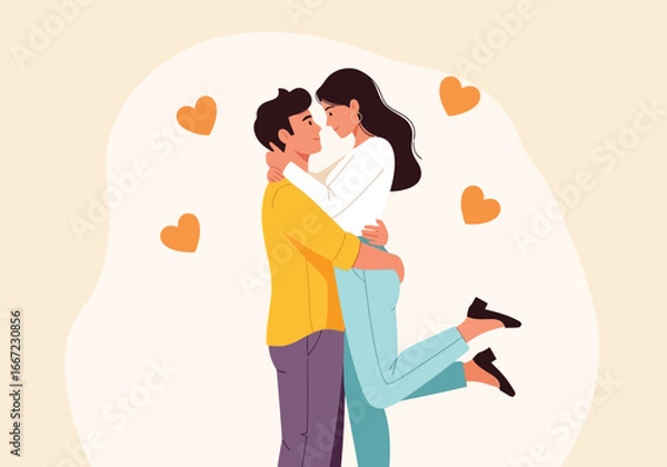 Fototapeta Vector art of romantic couple embracing affectionately, expressing love and togetherness with hearts floating around them