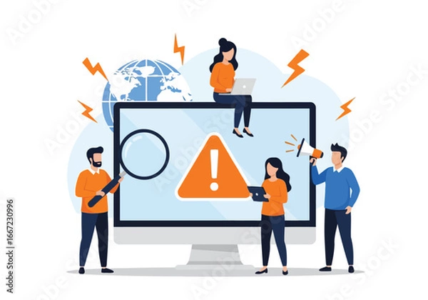 Fototapeta Vector art of a team of people gathered around a computer screen displaying a warning sign, indicating a system error or urgent alert