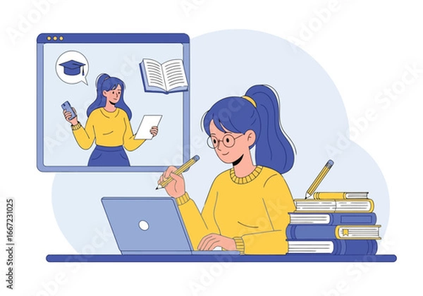 Fototapeta Vector art of a focused student studying online with a laptop and books, while a virtual instructor appears on a screen, representing distance learning