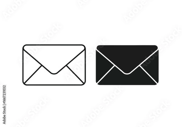 Fototapeta Vector art of two envelopes, one outlined and one solid black, isolated on a, representing communication and mail services