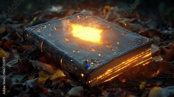 Fototapeta Glowing book lies on autumn leaves in a mystical forest setting scene