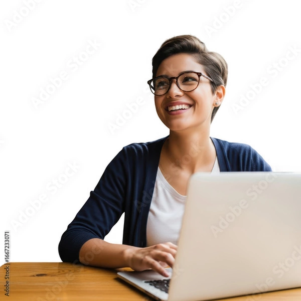 Fototapeta Happy young woman with short hair and glasses working on a laptop computer smiling transparent background