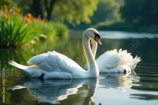 Fototapeta A serene lakeside scene featuring a pair of swans, nestled amongst tranquil waters and lush greenery Perfect for romance, nature, and tranquility themes , couple, greenery