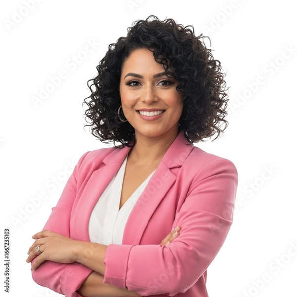 Obraz Confident woman in pink blazer smiling with arms crossed professional portrait transparent background