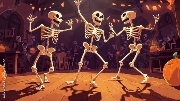 Fototapeta Three skeletons dancing in a halloween party with people in background