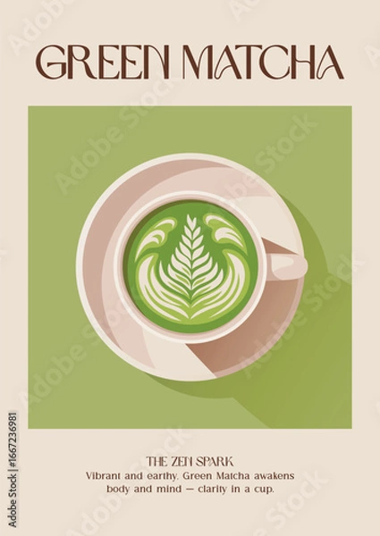 Fototapeta Green matcha image. Modern kitchen decor. Matcha latte with milk. Minimalist matcha art. Minimalist retro posters with drink. Colorful green trendy print. Vector illustration