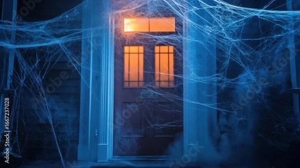 Fototapeta Spooky front door covered in cobwebs with light shining through glass