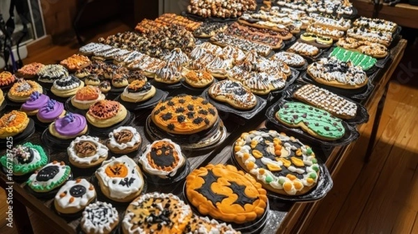 Fototapeta A table filled with a variety of decorated halloween themed cookies