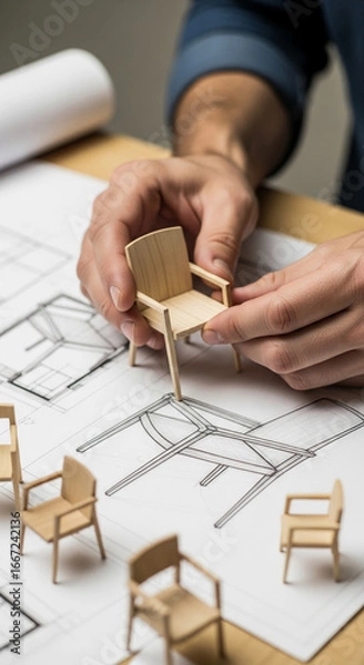 Fototapeta Close-up of hands holding miniature wooden chair model above blueprint, showcasing design process, creation and architecture concept