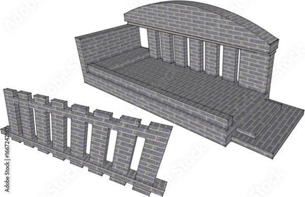 Fototapeta Podium, street stage, brick wall, city architecture, 3D model, gray color, transparent background