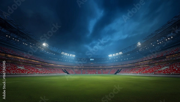 Fototapeta Dramatic stadium at night with illuminated field ready for a major sports event or concert