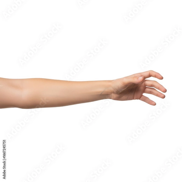 Fototapeta Human arm reaching out with open hand against a stark black backdrop transparent background