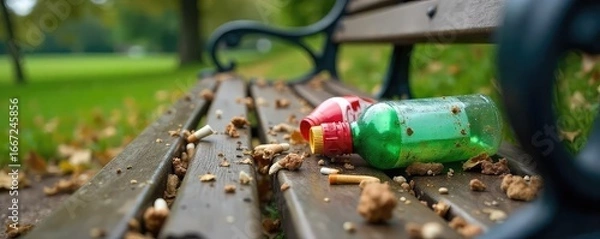 Fototapeta Close-up shot of discarded fast food wrappers, plastic bottles, and cigarette butts littering a scenic park bench Environmental pollution and irresponsible disposal are evident , junk, messy