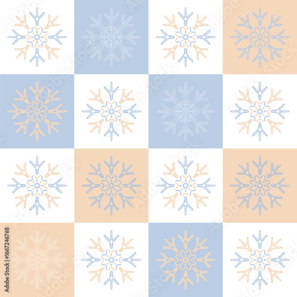 Fototapeta Seamless pattern with geometric snowflakes of pastel beige and blue grey colors on checker background. Light duotone minimalist flat style vector print for interior textile, tile, wrapping paper.