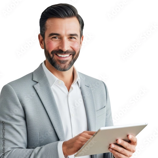 Obraz Smiling businessman confidently using a tablet device for business and technology solutions transparent background