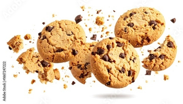 Fototapeta Chocolate Chip Cookies Flying Through the Air with Crumbs Scattering.