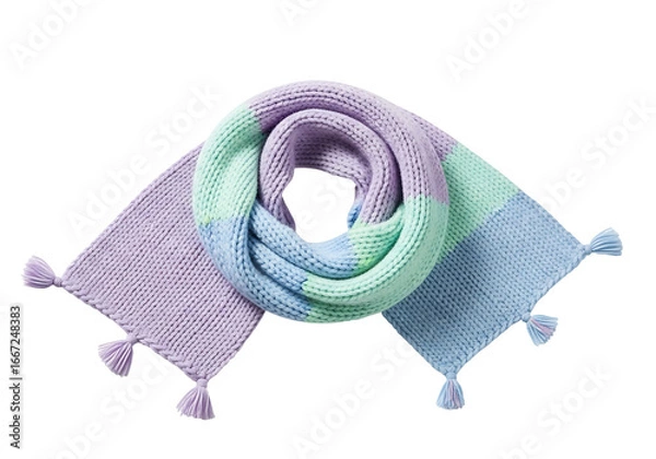 Fototapeta A vibrant, knitted scarf with pastel colors and decorative tassels is presented against a black backdrop.