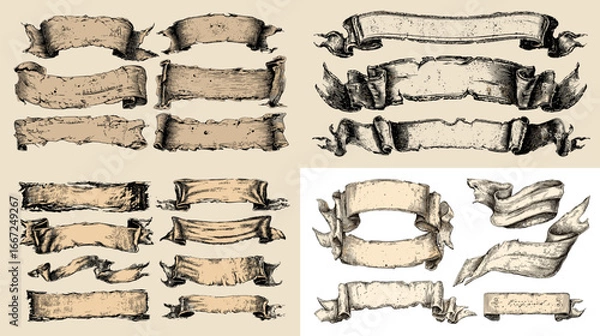 Fototapeta Hand-drawn vintage scroll banners and ribbons with antique texture. Retro engraving illustration ideal for labels, invitations, and decorative design projects.