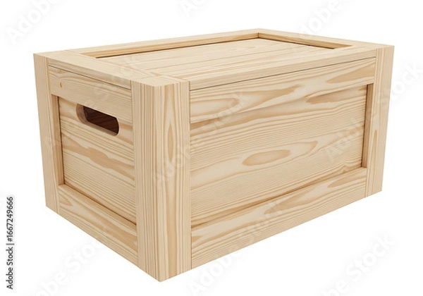 Fototapeta A light beige wooden crate with a lid and a handle sits on a black background.