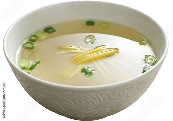 Fototapeta Creamy, light soup in a white bowl, garnished with delicate slices of ginger and scallions, showcasing a soft, inviting visual appeal.