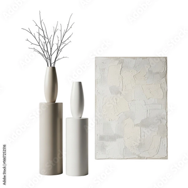 Obraz Modern minimalist home decor featuring two sleek white and beige vases with a light colored rectangular artwork transparent background