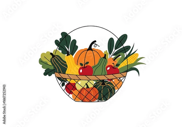Fototapeta A harvest basket overflowing with colorful autumn fruits and vegetables.