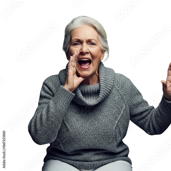 Obraz Elderly woman energetically shouting and gesturing with hands imploringly captured in a portrait transparent background
