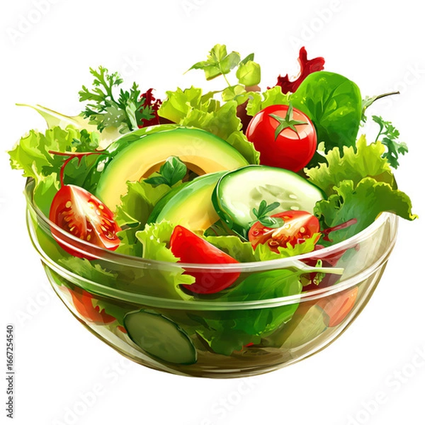 Fototapeta High-Resolution Colorful Fresh Salad Bowl PNG with Mixed Greens, Cherry Tomatoes, Cucumber, and Avocado Slices, Isolated on Transparent White Background