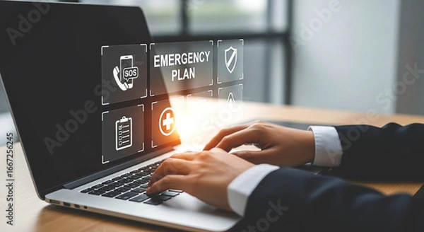 Fototapeta Crafting an emergency plan for businesses preparing for any disaster on a laptop in the office icons and warm