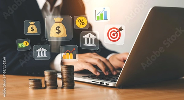 Fototapeta Envisioning financial growth and wealth management through digital strategies at work with soft diffused lighting and