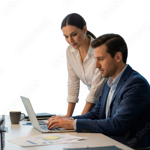 Obraz Team collaboration business professionals working together on laptop computer transparent background