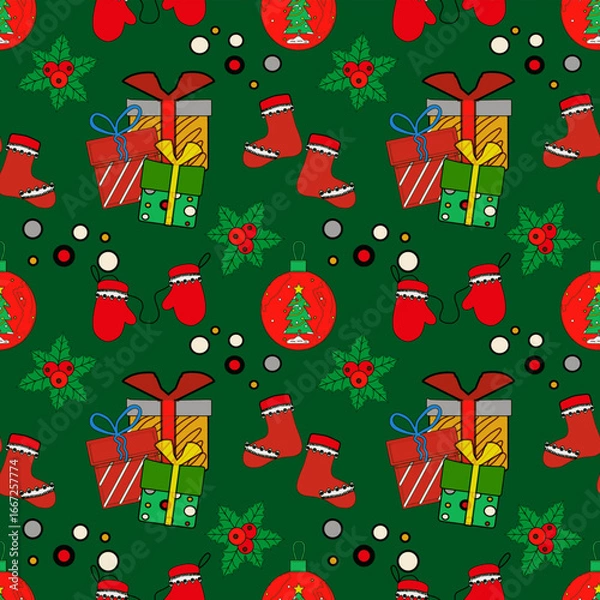 Fototapeta Christmas, New Year, holiday decoration, gifts, toys, berries, mittens, socks, repeating pattern, bright green background