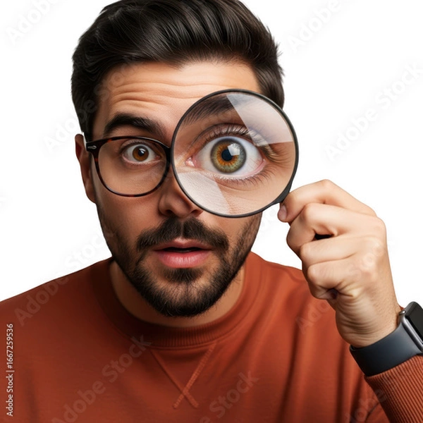 Obraz Man's eye magnified through a magnifying glass expressing surprise and discovery transparent background