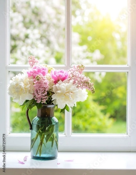 Fototapeta Delicate flowers in a vase on a windowsill