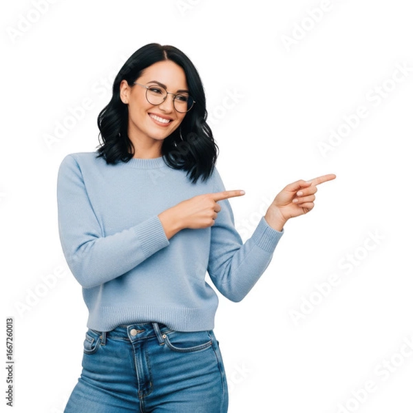 Obraz Smiling woman with glasses points to the right side of the frame transparent background