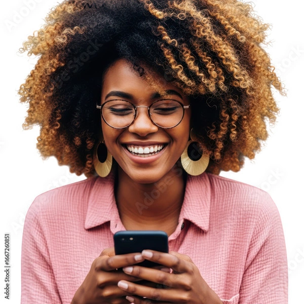 Obraz Joyful young woman wearing glasses smiling while using a smartphone transparent background