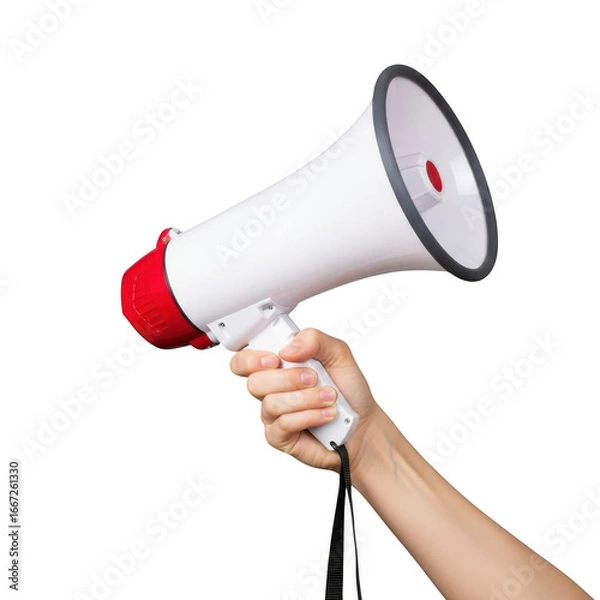 Obraz Hand holding a white and red megaphone announcing loudly with copy space transparent background