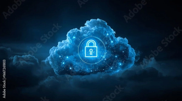 Fototapeta Futuristic glowing lock embedded within a digital cloud in a dark sky
