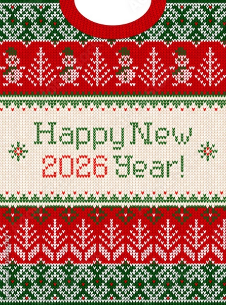 Fototapeta 2026 Knitted Happy New Year Design Festive Holiday Ugly Sweater Pattern . Invitation Knitted Holiday Design