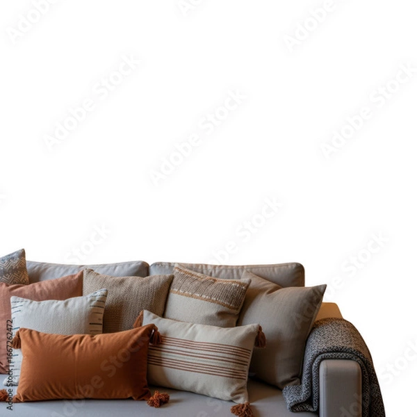 Obraz Cozy living room scene with textured pillows and a soft throw blanket on a sofa transparent background