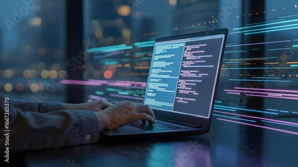 Obraz Professional coder typing fast at his laptop in the modern office at nighttime