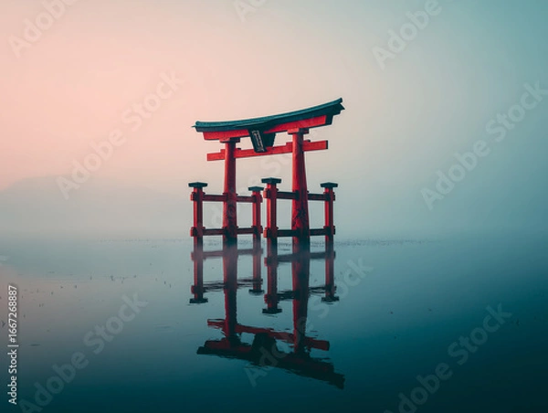 Obraz Torii gate emerging from morning fog on a lake, perfect reflection, spiritual serenity
